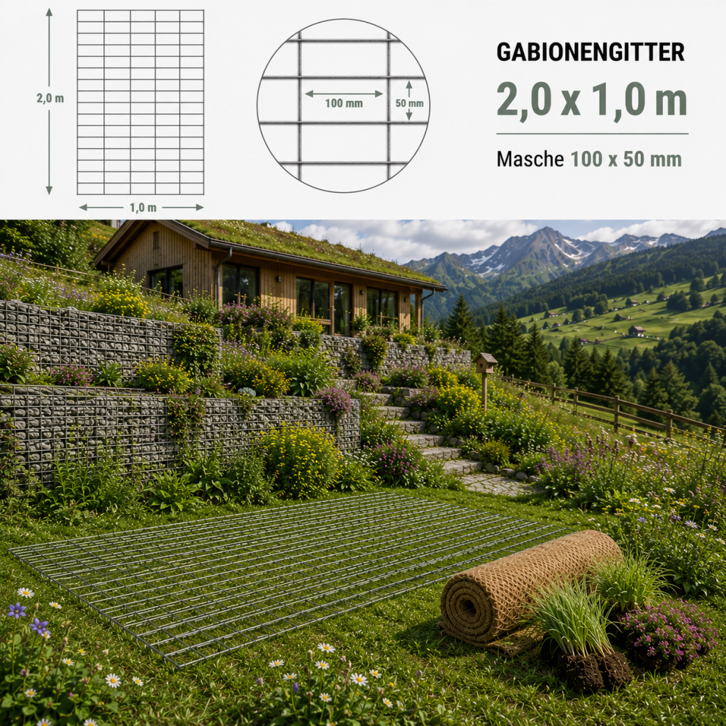 Gabionengitter V 2,0 x 1,0 m verzinkt mit 100 x 50 mm Masche