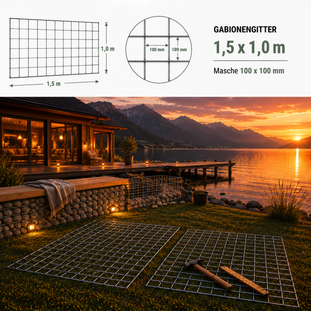 Gabionengitter 1,5 x 1,0 m verzinkt mit 100 x 100 mm Masche