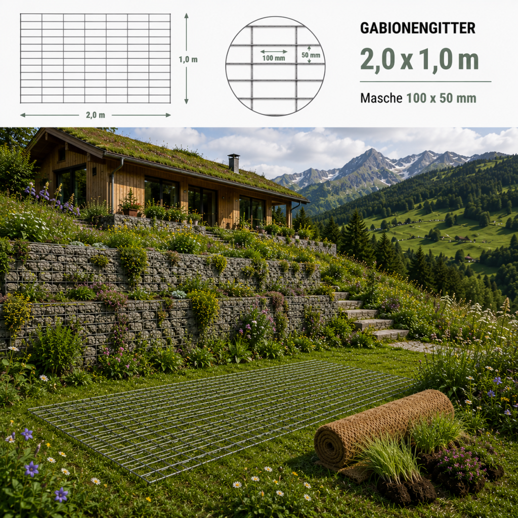Gabionengitter H 2,0 x 1,0 m — verzinktes robustes Gabionengitter