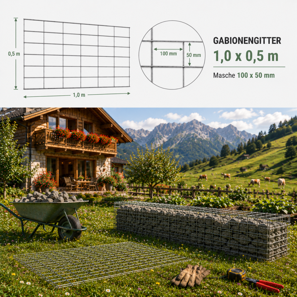 Gabionengitter H 1,0 x 0,5 m — verzinktes Gitter mit 100 x 50 mm Masche