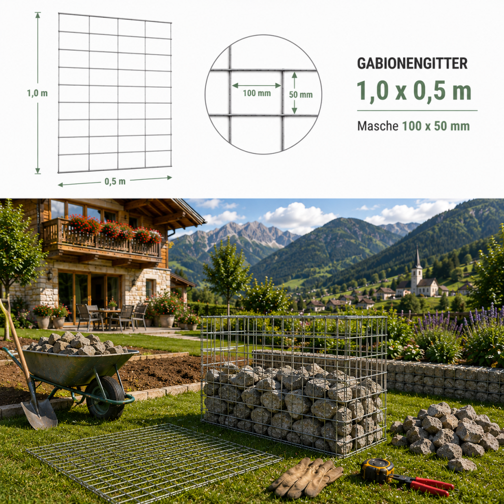 Gabionengitter V 1,0 x 0,5 m — verzinktes Gabionengitter mit 100 x 50 mm Masche
