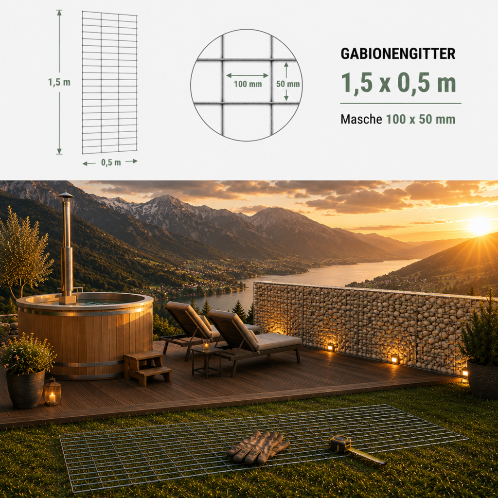 Gabionengitter V 1,5 x 0,5 m — verzinktes Gabionengitter mit 100 x 50 mm Masche
