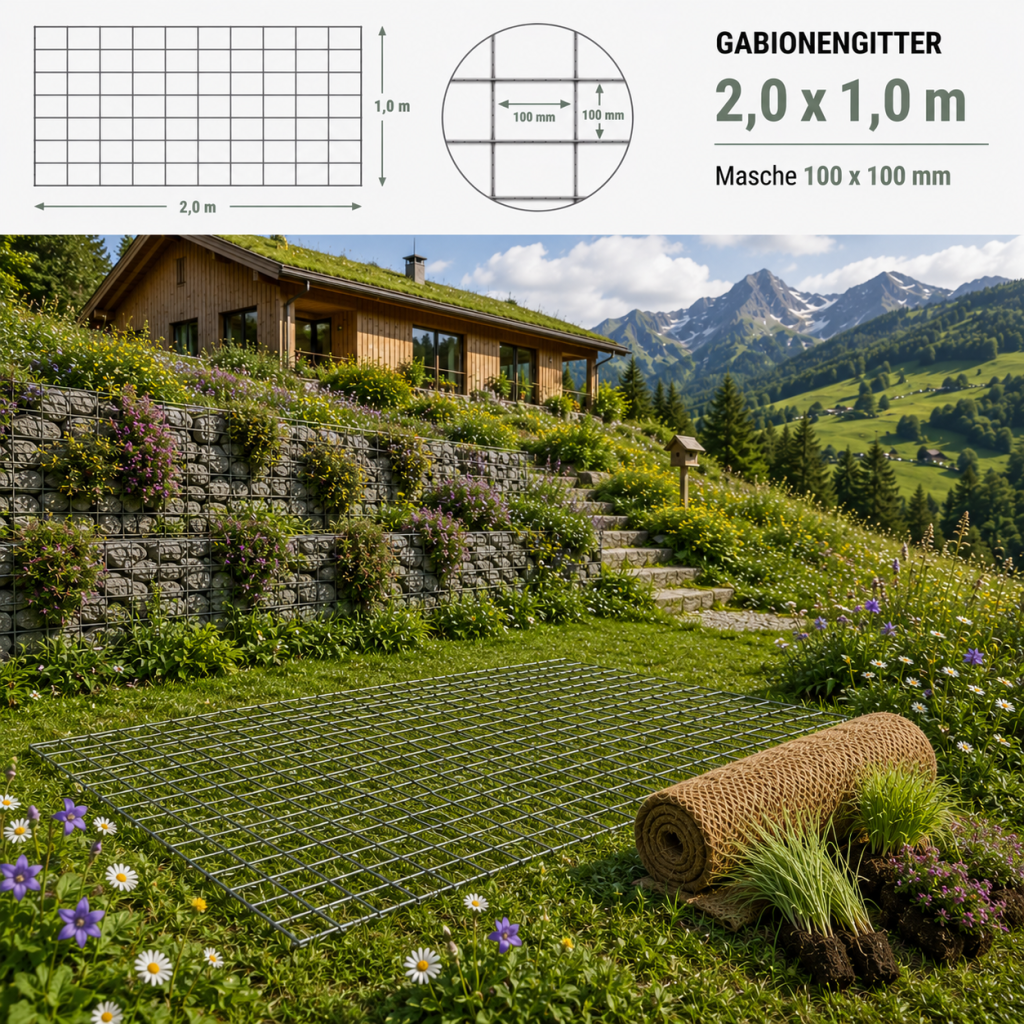 Gabionengitter 2,0 x 1,0 m — robustes verzinktes Gabionengitter für Garten und Bau