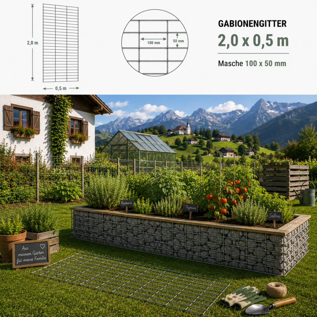 Gabionengitter V 2,0 x 0,5 m verzinkt mit 100 x 50 mm Masche