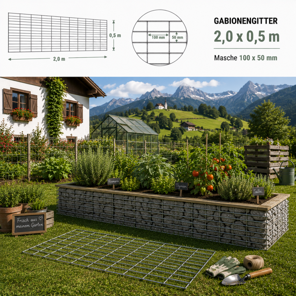 Gabionengitter H 2,0 x 0,5 m — verzinktes langlebiges Gabionengitter