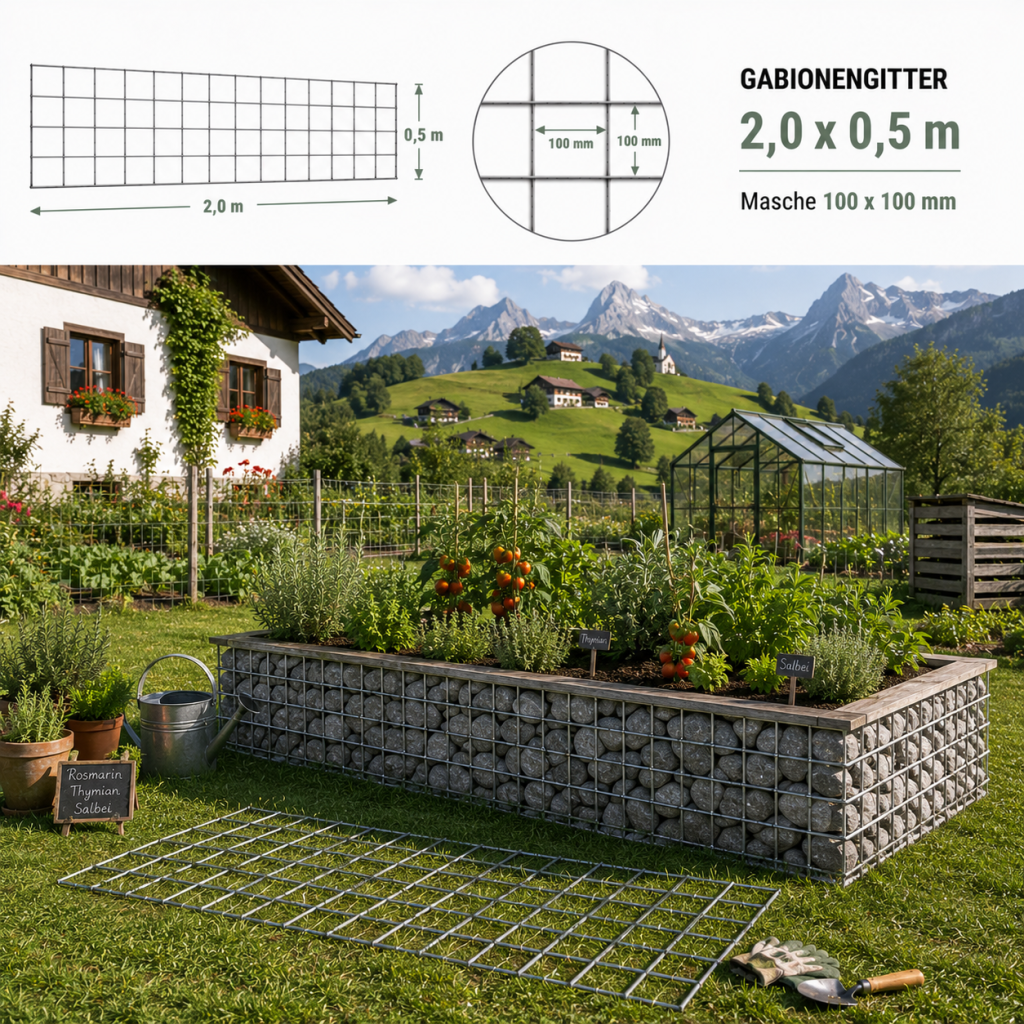 Gabionengitter 2,0 x 0,5 m — verzinktes Gabionengitter mit 100 x 100 mm Masche