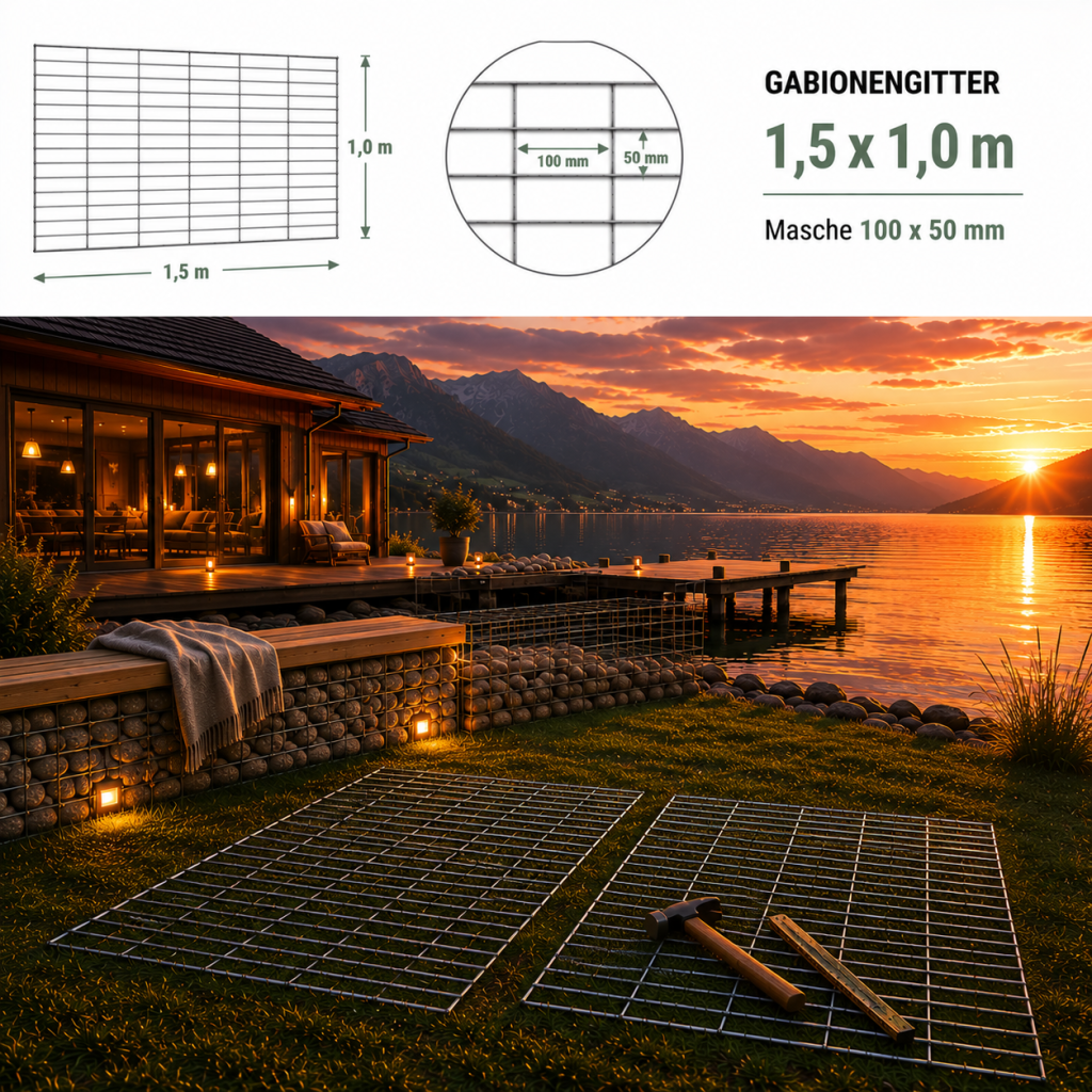 Gabionengitter H 1,5 x 1,0 m — verzinktes Gitter für stabile Gabionen