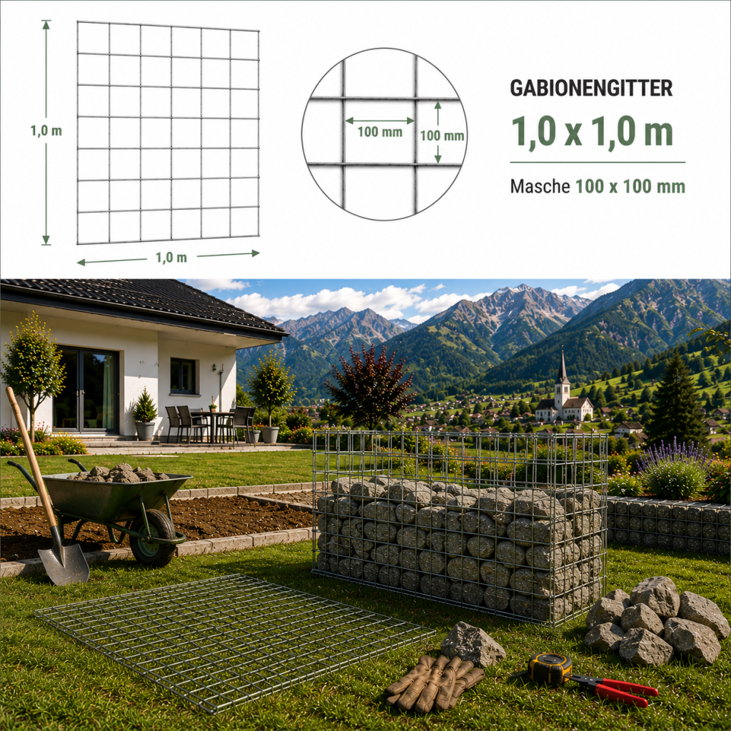 Gabionengitter 1,0 x 1,0 m — verzinktes Premium Gitter für Gabionen