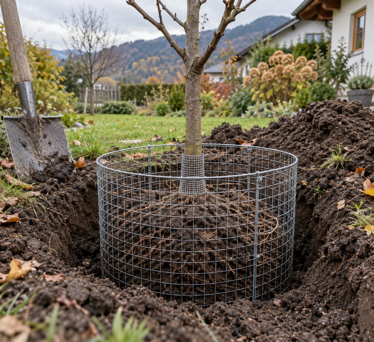 Wühlmauskorb aus verzinktem Zuchtgitter um den Wurzelballen eines jungen Obstbaums beim Pflanzen im Herbst